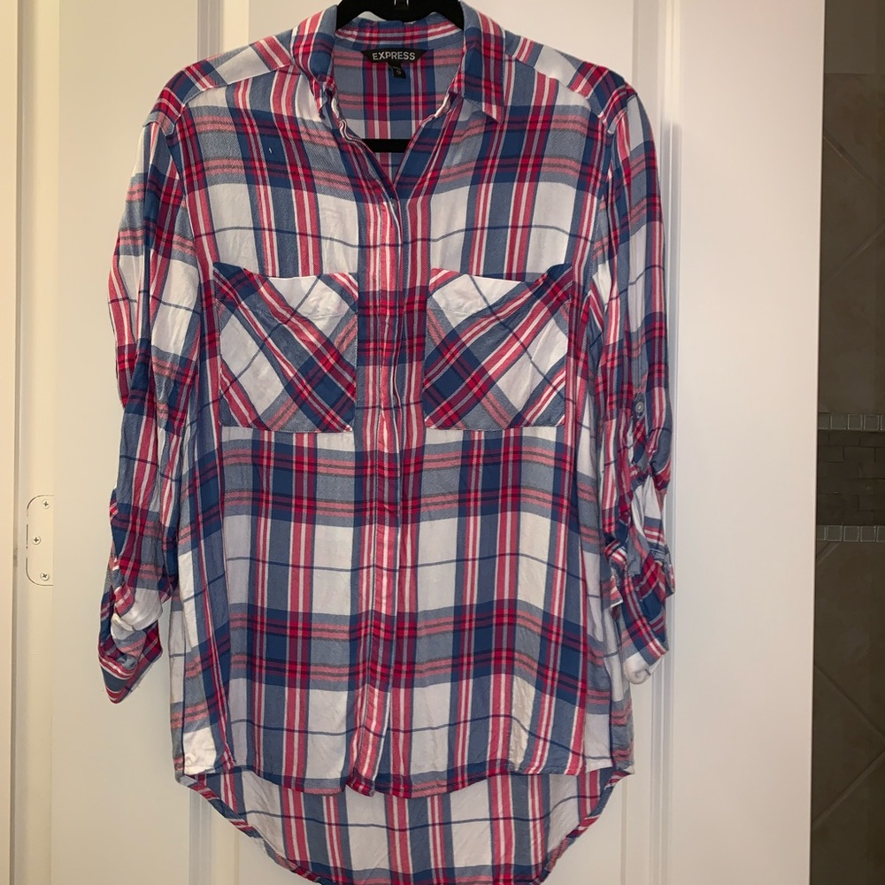 NWOT. Express plaid blouse. Pink and blue plaid.